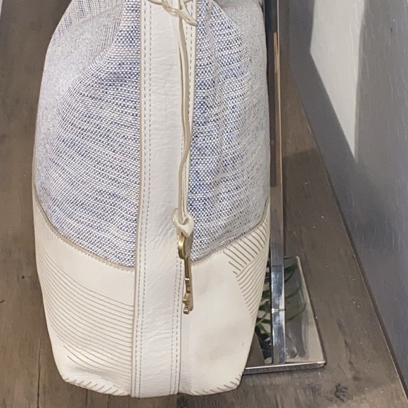 Fossil Maya Hobo Canvas Leather Cream Light Blue Crossbody - Picture 13 of 17